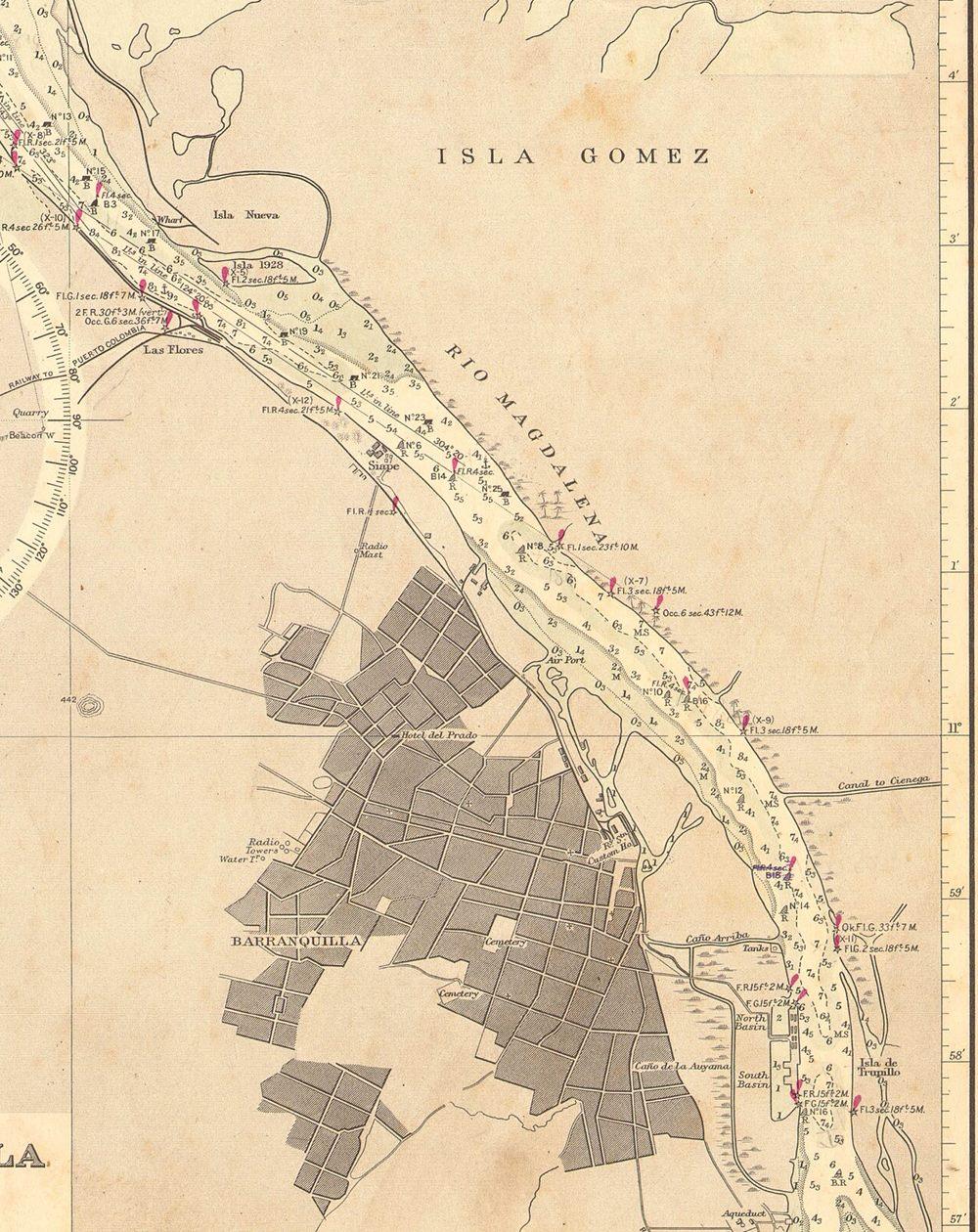 Carta náutica antigua del puerto de Barranquilla y la desembocadura del río Magdalena.