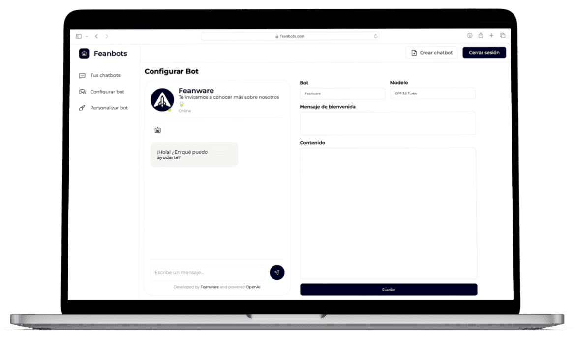 Panel de Feanbots en un portátil: configuración de un chatbot con su mensaje de bienvenida.